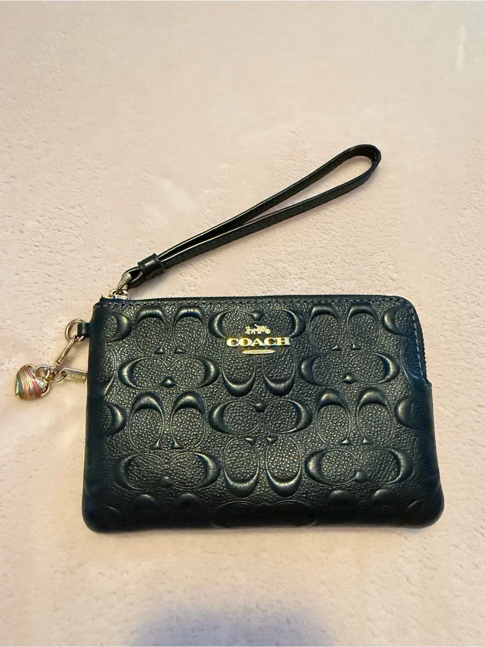 Coach Black Embossed Leather Wristlet with Gold Logo